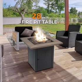 28" Square 48000 BTU Outdoor Propane Gas Fire Pit Table, Quick Auto Ignition, Faux Wood Table Top with Lid, Lava Rocks